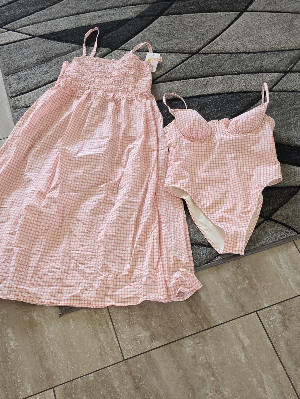 SOLID & STRIPED Pink Gingham Smocked Sundress and Matching One-Piece Sz Lg Nwt